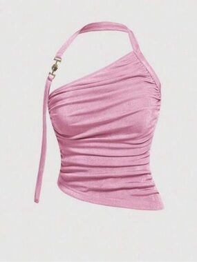 Ruched One-Shoulder Pink Halter Top